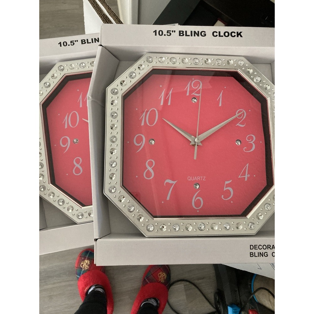 NEW in BOX Decorative Neon Pink & Silver with Faux Diamonds Analog 10.5 in Clock - Picture 2 of 3